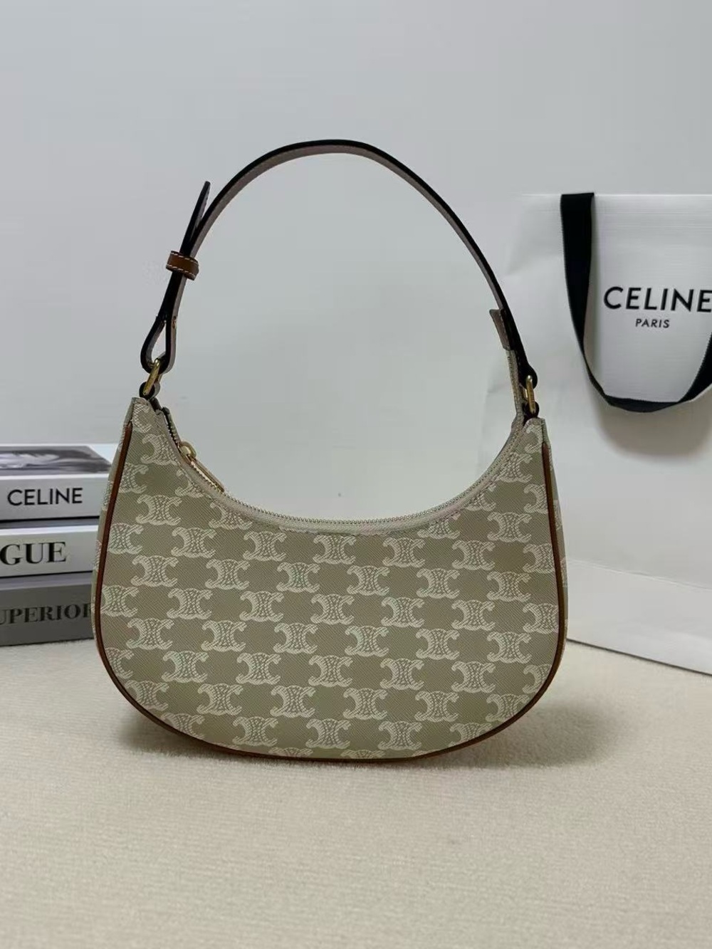 Celine Beige Triomphe Canvas Crescent Bag with Brown Trim